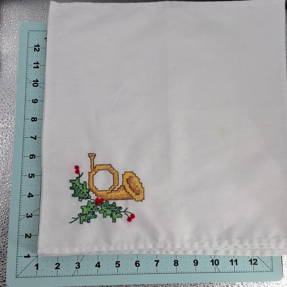 Vintage Cross Stitch‎ Christmas Napkins White Cotton French Horn Holly Set of 6